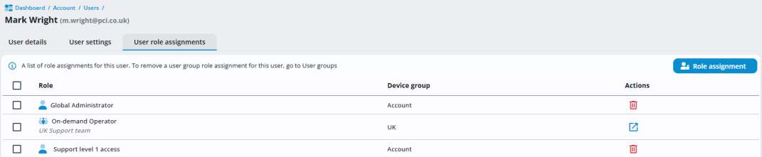 User role assignments screen showing roles with icons for direct or group assignment and delete options.